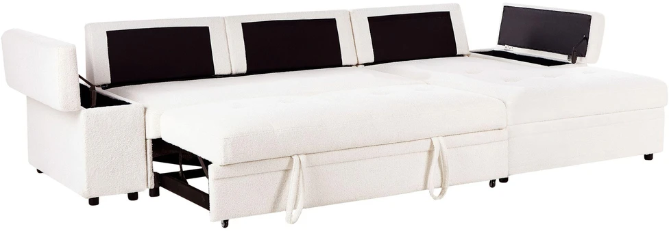 Sofa Beliani Išskleidžiamas kampas HRISEY Boucle Baltos spalvos su daiktadėže kairinis
