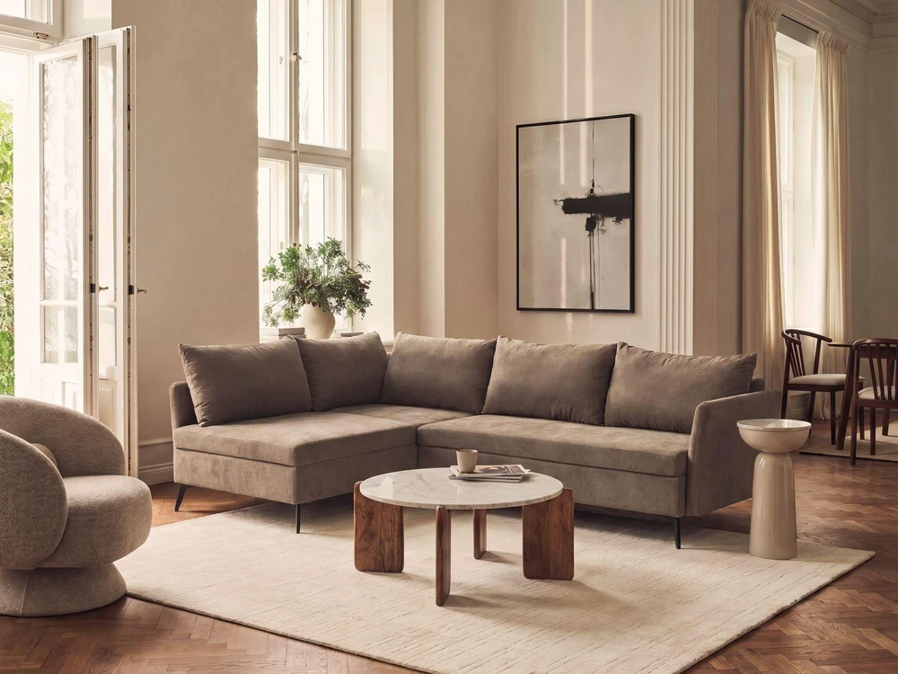Sofa Beliani Išskleidžiamas kampas KOGE 3 asmenims, rudas, su patalynės dėže, dešininis