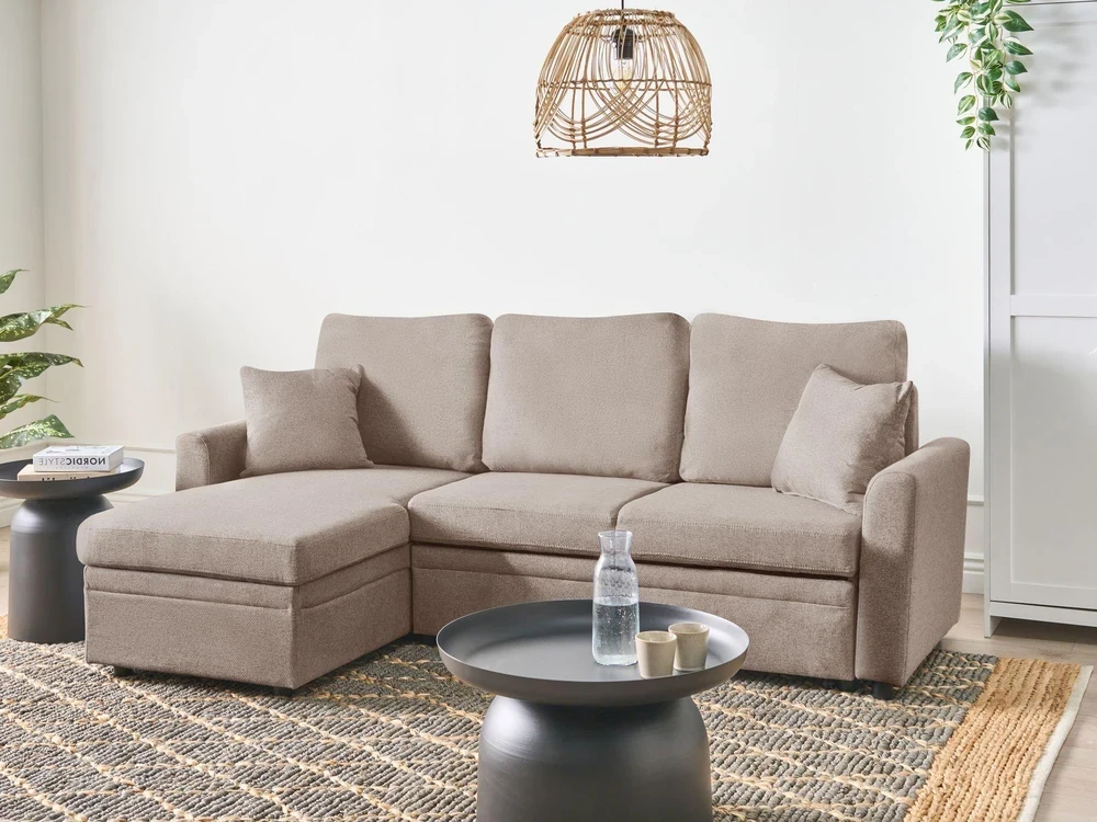 Sofa Beliani Išskleidžiamas kampas NASSJO, 3 vietų, sintetinis linas, šviesiai rudas, dešininis