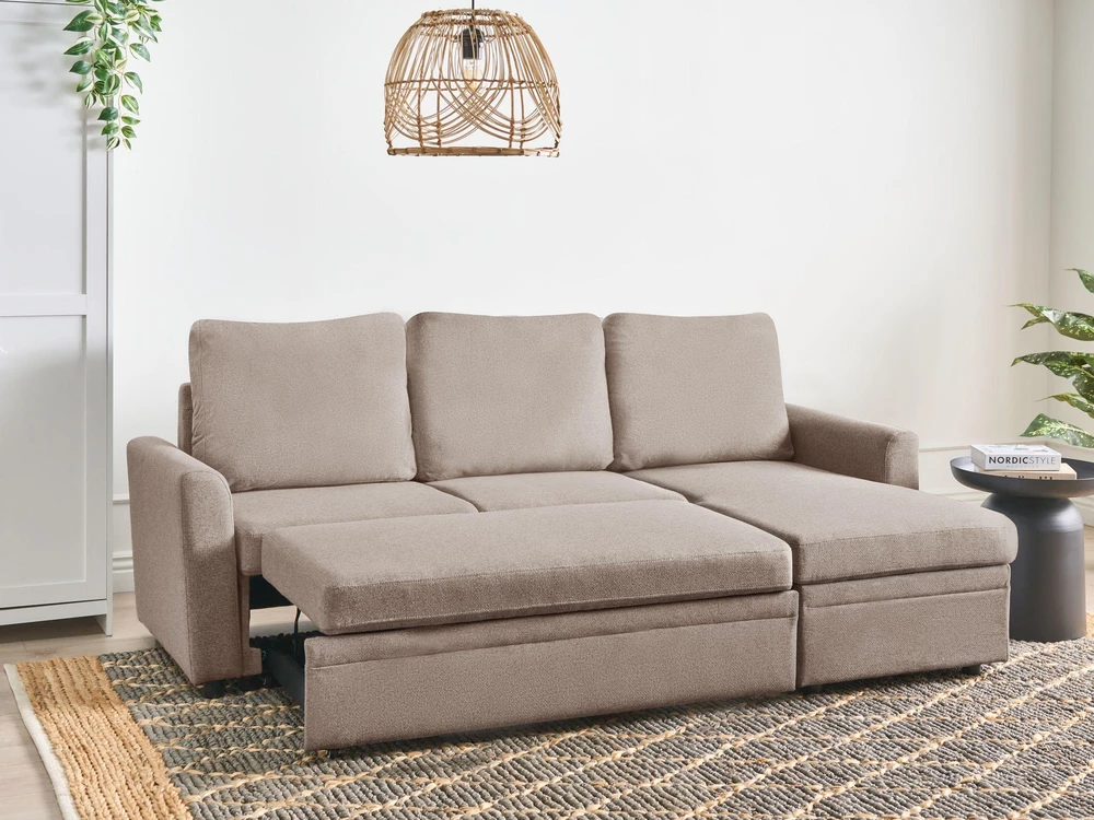 Sofa Beliani Išskleidžiamas kampas NASSJO, 3 vietų, sintetinis linas, šviesiai rudas, su daiktadėže, kairinis