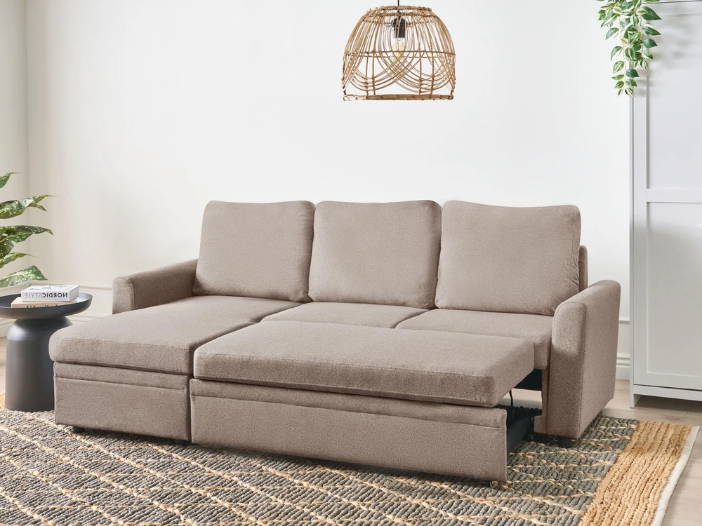 Sofa Beliani Išskleidžiamas kampas NASSJO, 3 vietų, sintetinis linas, šviesiai rudas, dešininis