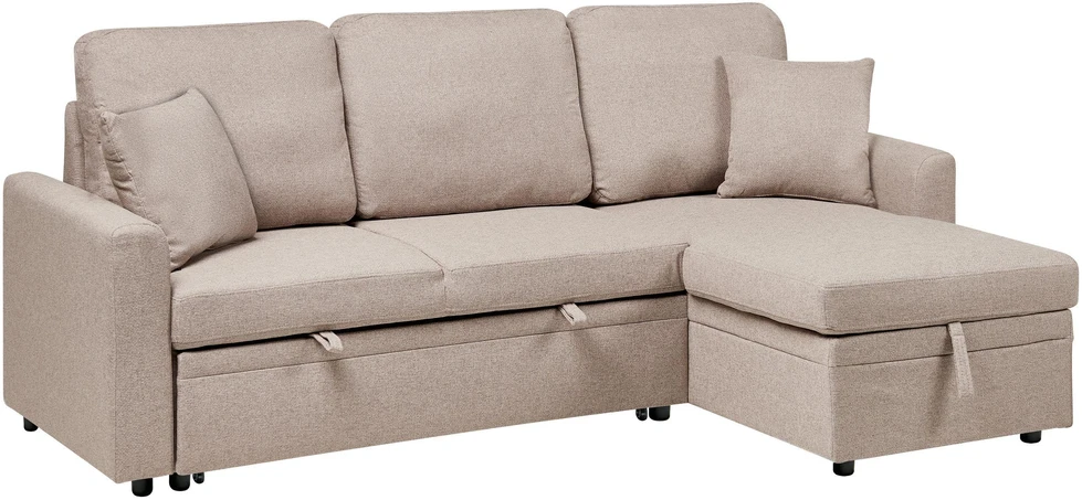 Sofa Beliani Išskleidžiamas kampas NASSJO, 3 vietų, sintetinis linas, šviesiai rudas, su daiktadėže, kairinis