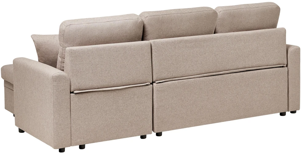 Sofa Beliani Išskleidžiamas kampas NASSJO, 3 vietų, sintetinis linas, šviesiai rudas, su daiktadėže, kairinis