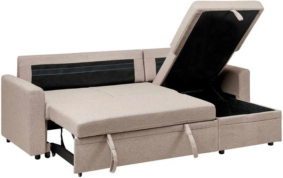 Sofa Beliani Išskleidžiamas kampas NASSJO, 3 vietų, sintetinis linas, šviesiai rudas, su daiktadėže, kairinis