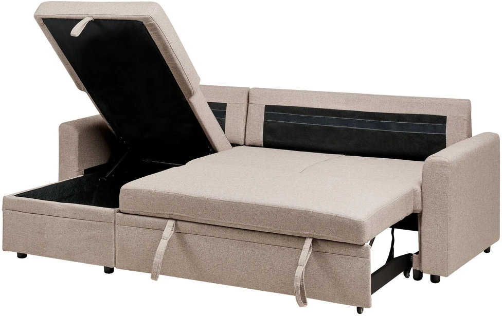 Sofa Beliani Išskleidžiamas kampas NASSJO, 3 vietų, sintetinis linas, šviesiai rudas, dešininis