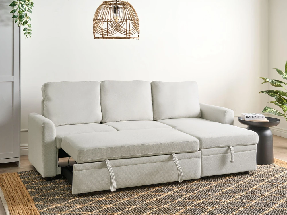 Sofa Beliani Išskleidžiamas kampas NASSJO Len syntetyczny, 3 vietų, šviesiai smėlio spalvos, kairinis