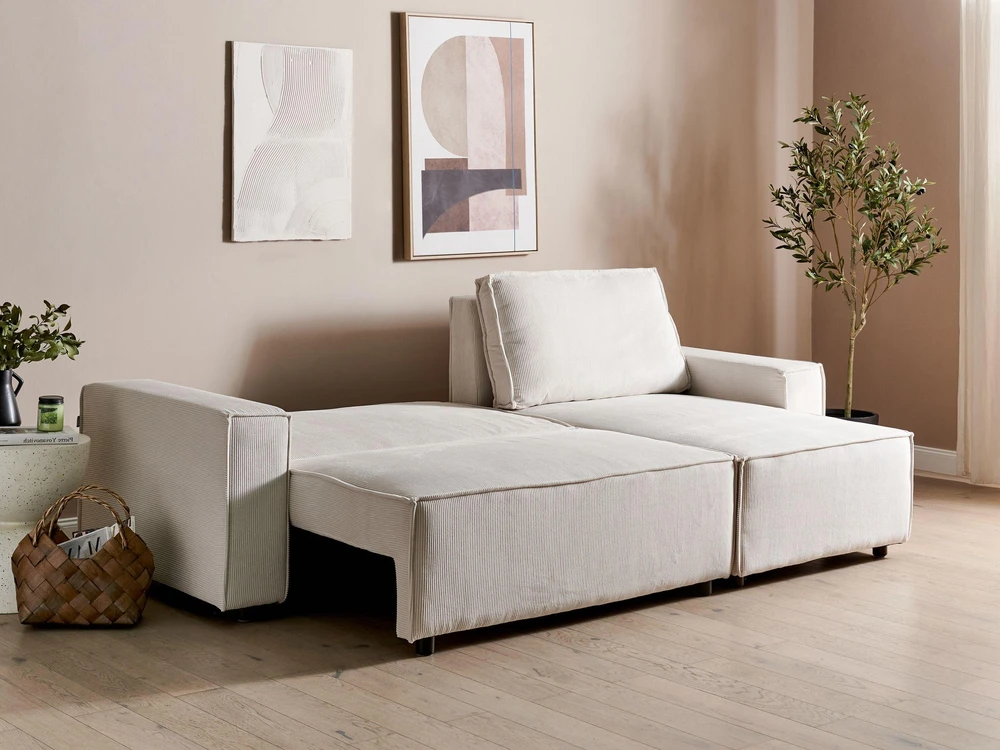 Sofa Beliani Išskleidžiamas kampe statomas 3 vietų sofos komplektas ABACKA, velvetas, kreminė balta, kairinė pusė