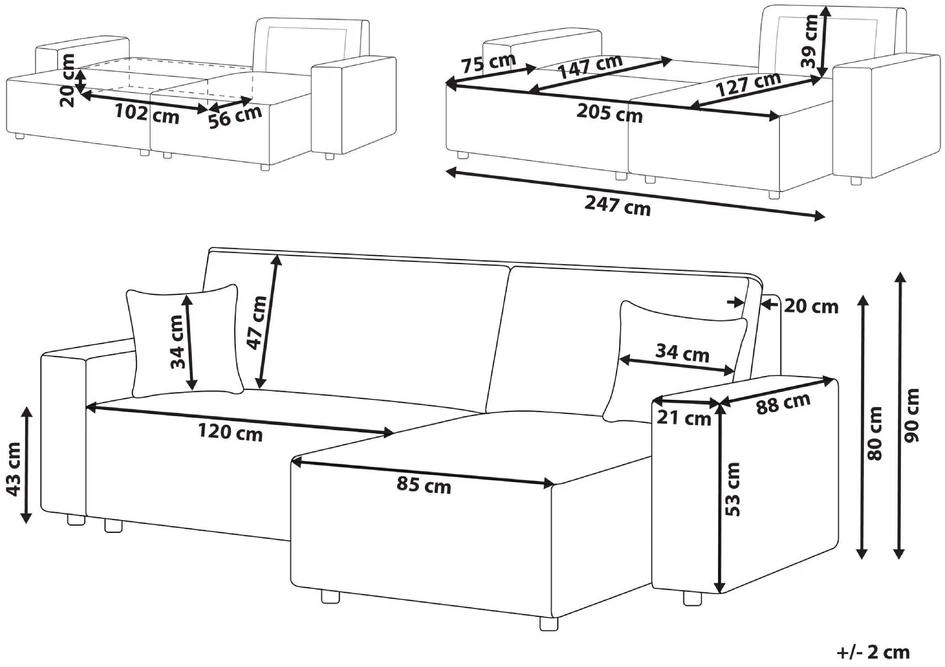 Sofa Beliani Išskleidžiamas kampe statomas 3 vietų sofos komplektas ABACKA, velvetas, kreminė balta, kairinė pusė