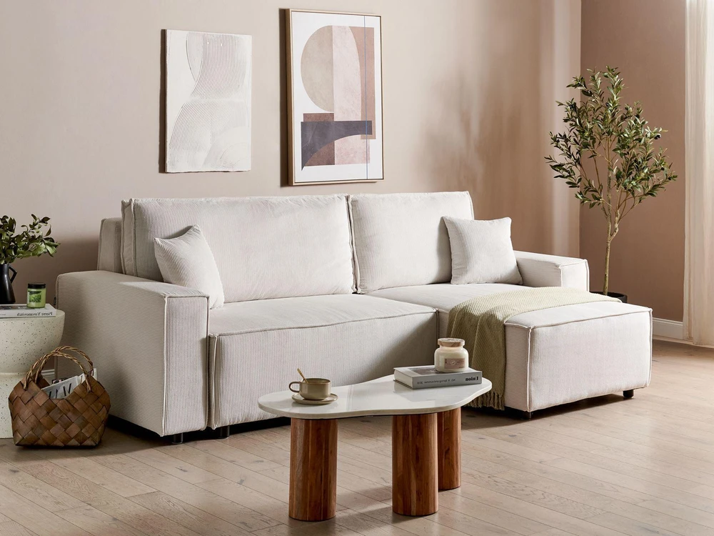 Sofa Beliani Išskleidžiamas kampe statomas 3 vietų sofos komplektas ABACKA, velvetas, kreminė balta, kairinė pusė