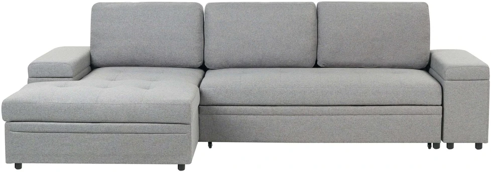 Sofa Beliani Išskleidžiamas kampinis sofos komplektas HRISEY 3 asmenims, sintetinis linas, pilkas, su daiktadėže, dešininis