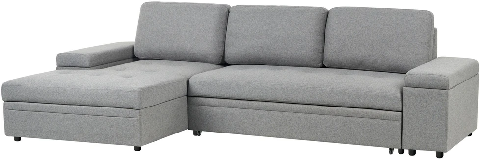 Sofa Beliani Išskleidžiamas kampinis sofos komplektas HRISEY 3 asmenims, sintetinis linas, pilkas, su daiktadėže, dešininis