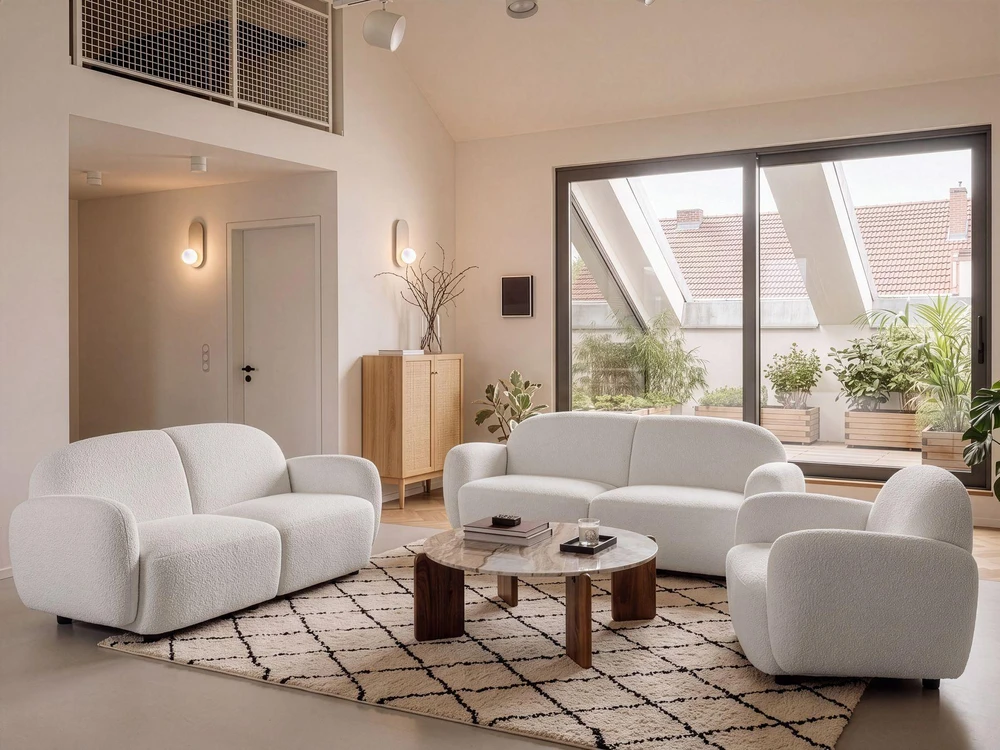 Sofa Beliani JULE poilsio baldų komplektas 6 žmonėms, „Bouclé“, balkšvas