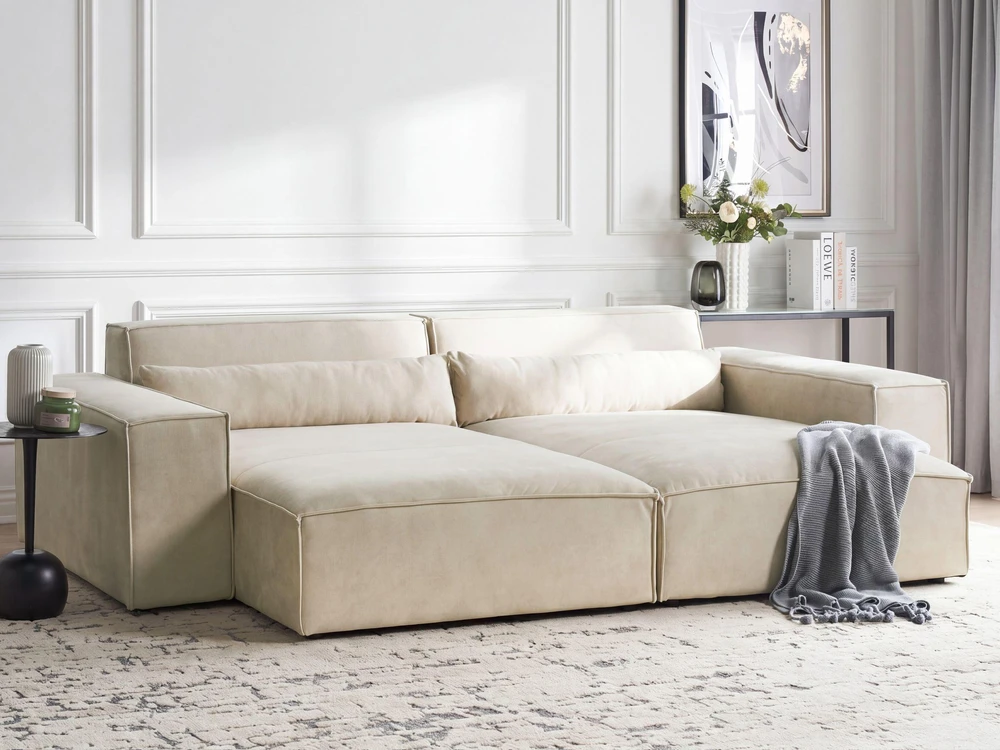 Sofa Beliani Kairės pusės šezlongas HELLNAR, veliūras, šviesiai smėlio spalvos