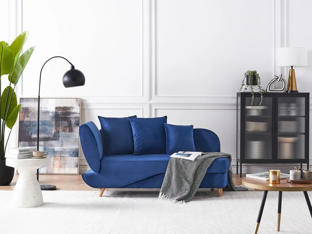 Sofa Beliani Kairinis gultas MERI su daiktadėže, tamsiai mėlynas veliūras