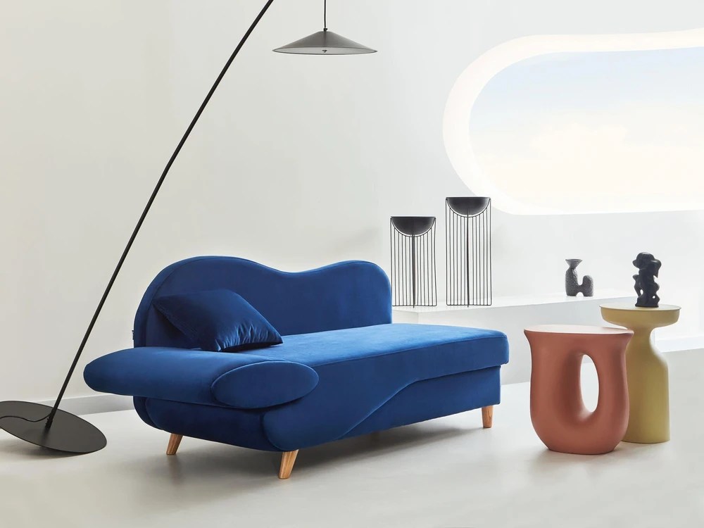 Sofa Beliani Kairinis gultas MERI su daiktadėže, tamsiai mėlynas veliūras