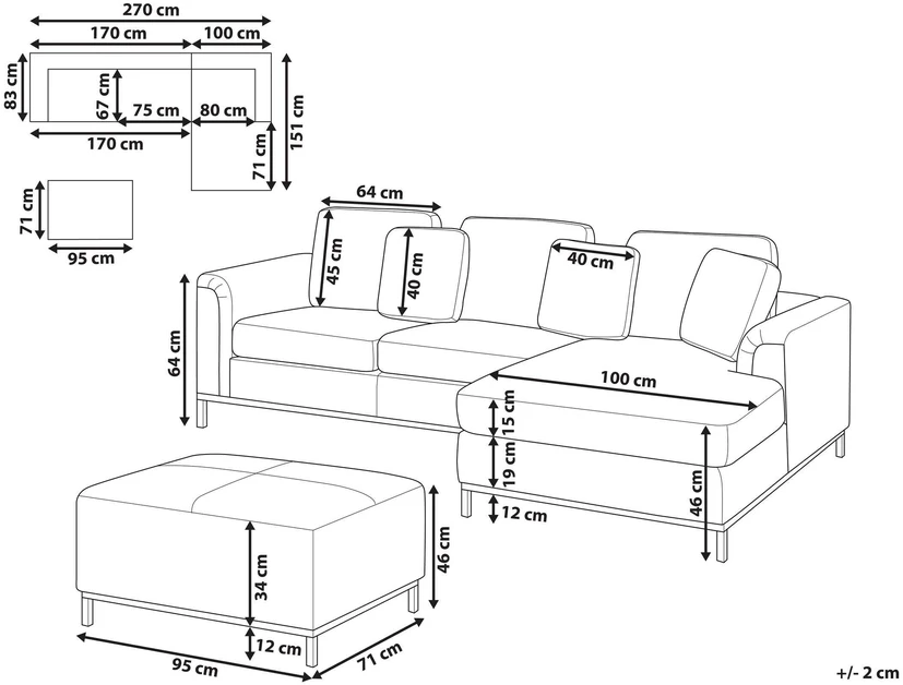 Sofa Beliani Kampas 5 asmenims OSLO, natūrali oda, juodas su otomane, kairinis