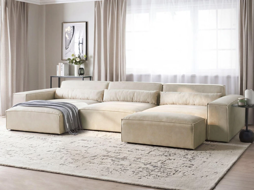 Sofa Beliani Modulinis kampas 4 asmenims HELLNAR su otomana, veliūras, šviesiai smėlio spalvos, dešininis