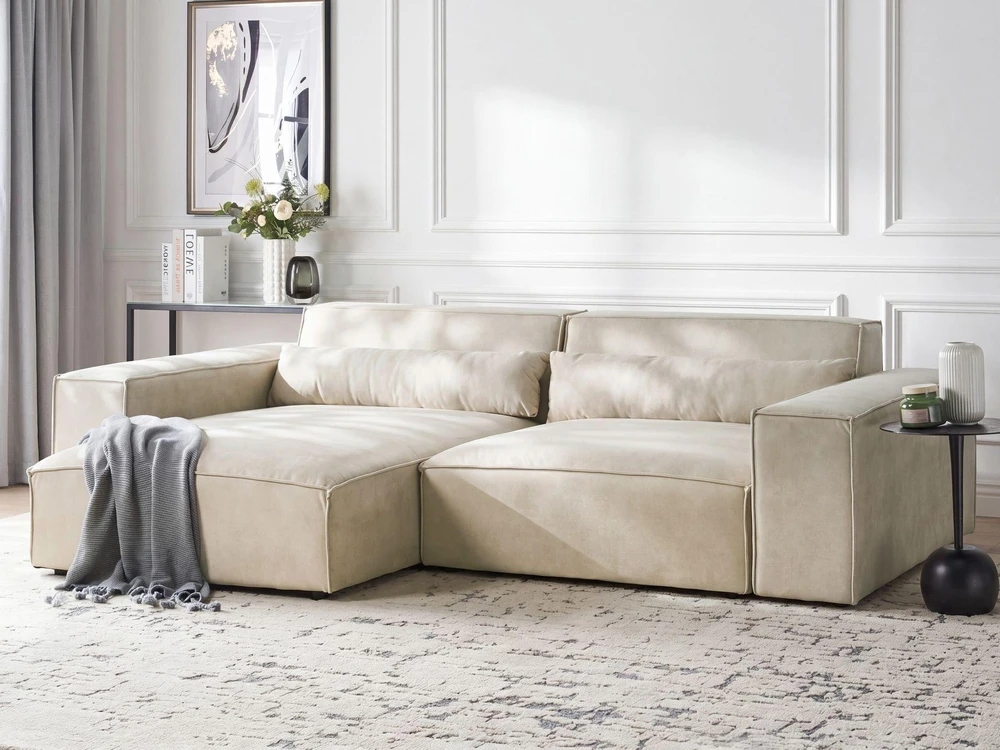 Sofa Beliani Modulinis kampinis minkštasis baldas 3 vietų HELLNAR, veliūrinis, šviesiai smėlinis, dešininis