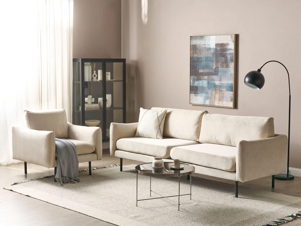 Sofa Beliani Poilsio baldų komplektas 4 asmenims VINTERBRO veliūrinis šviesiai smėlinis