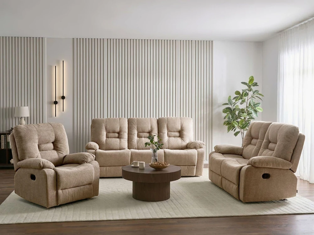 Sofa Beliani Poilsio baldų komplektas su mechanine relaksacijos funkcija 6 asmenims BERGEN smėlio spalvos