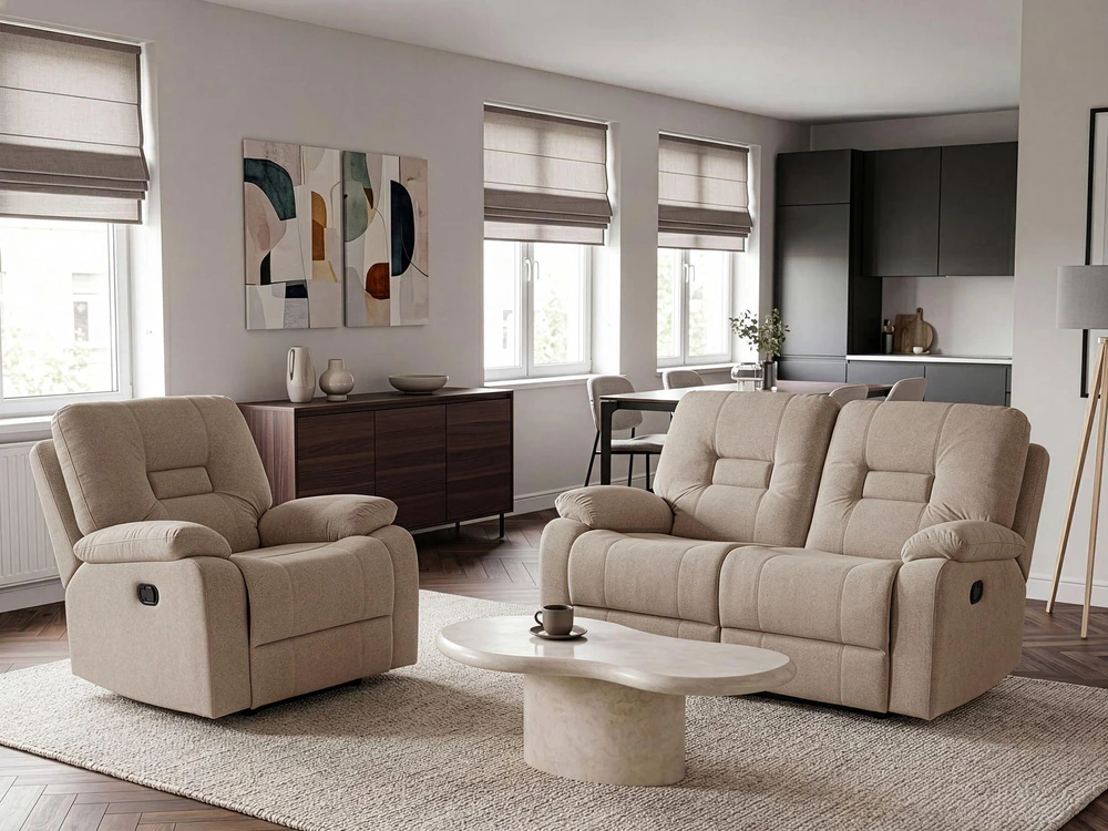 Sofa Beliani Poilsio baldų komplektas su mechanine relaksacijos funkcija 3 asmenims BERGEN smėlio-pilkas