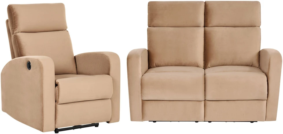 Sofa Beliani Poilsio baldų komplektas su elektrine relaksacijos funkcija 3 asmenims VERDAL aksominis šviesiai rudas