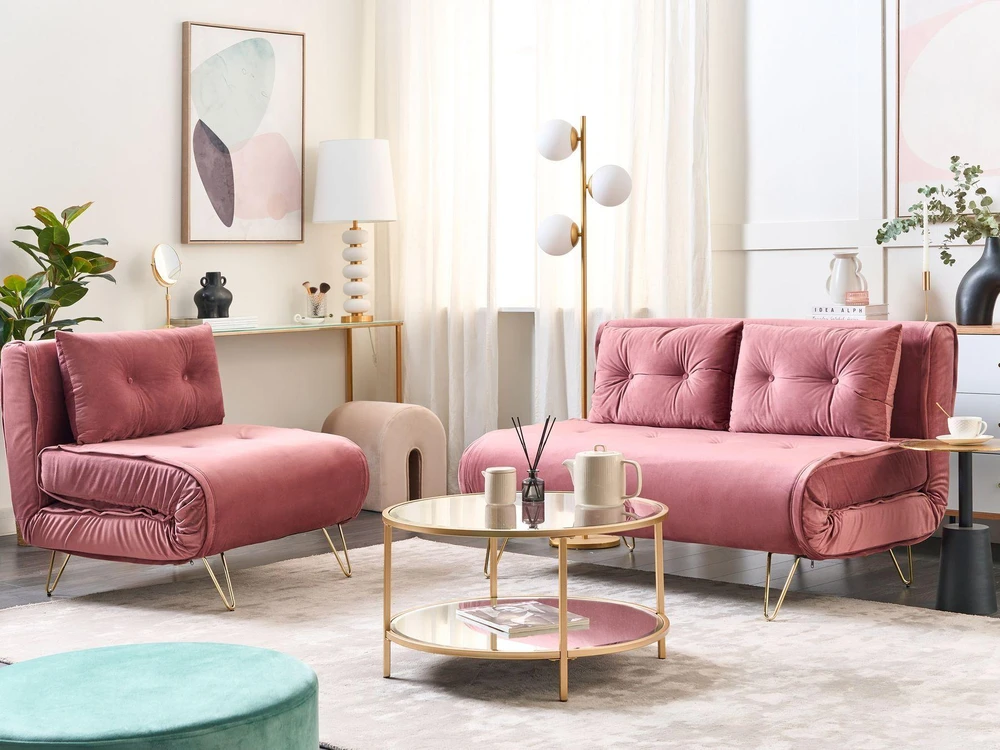 Sofa Beliani Poilsio komplektas 3 asmenims VESTFOLD, veliūras, rožinė
