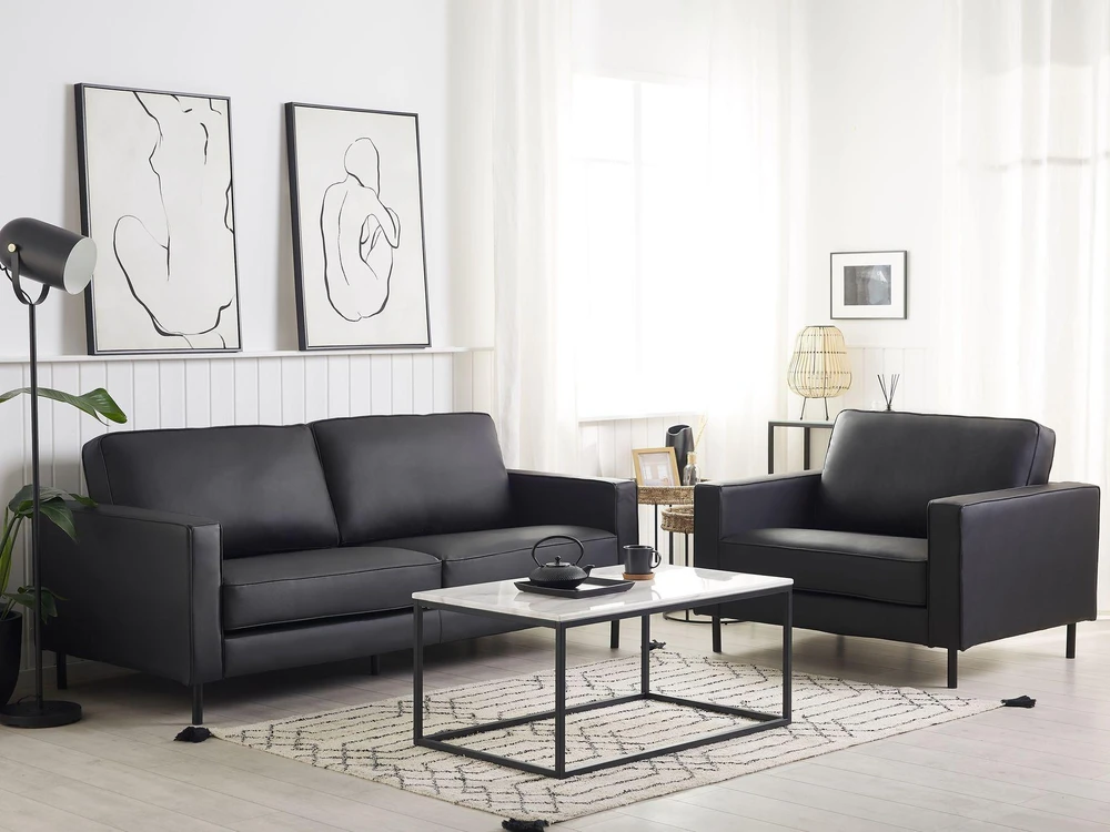 Sofa Beliani Poilsio komplektas 4 asmenims SAVALEN, natūrali oda, juodas