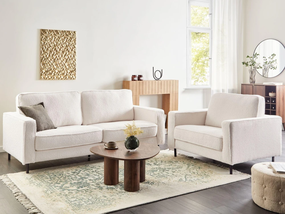 Sofa Beliani SAVALEN 4 vietų svetainės baldų komplektas, boucle audinys, balta spalva
