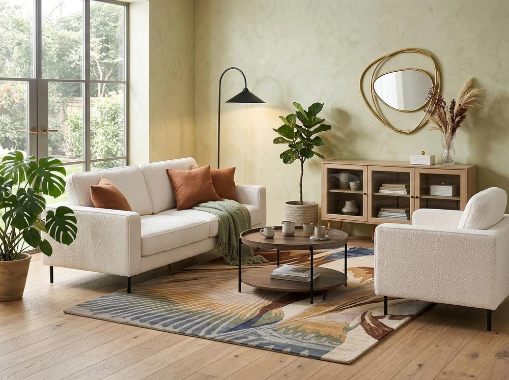 Sofa Beliani SAVALEN 4 vietų svetainės baldų komplektas, boucle audinys, balta spalva
