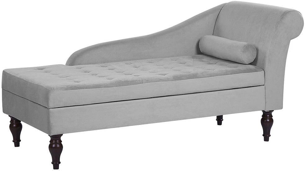Sofa Beliani Šezlongas PESSAC, dešininis, veliūrinis, šviesiai pilkas su daiktadėže