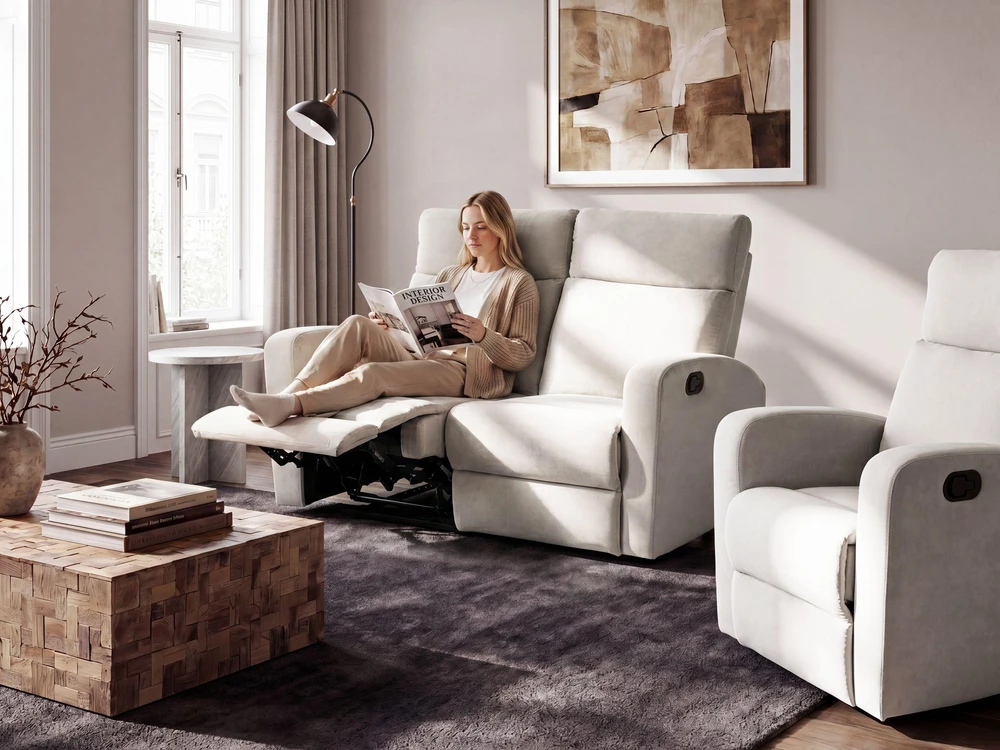 Sofa Beliani Svetainės baldų komplektas su mechanine atsipalaidavimo funkcija 3 asmenims VERDAL, smėlio spalvos veliūras