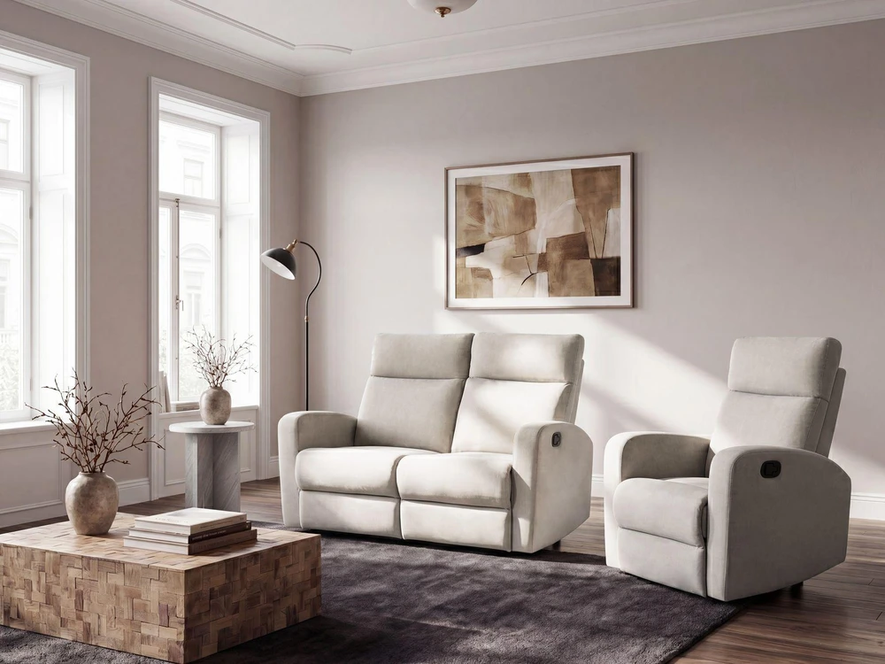 Sofa Beliani Svetainės baldų komplektas su mechanine atsipalaidavimo funkcija 3 asmenims VERDAL, smėlio spalvos veliūras