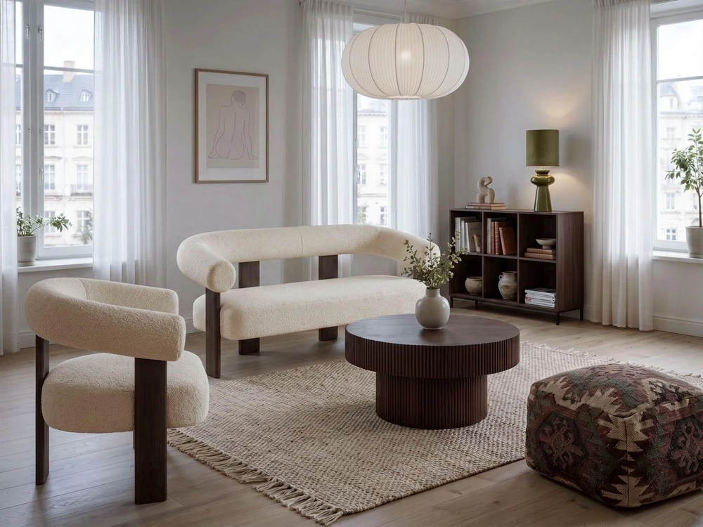 Sofa Beliani Svetainės baldų komplektas ILBRO, Boucle audinys, balta/tamsiai ruda