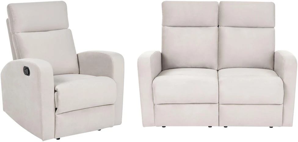 Sofa Beliani Svetainės baldų komplektas su mechanine atsipalaidavimo funkcija 3 asmenims VERDAL, smėlio spalvos veliūras