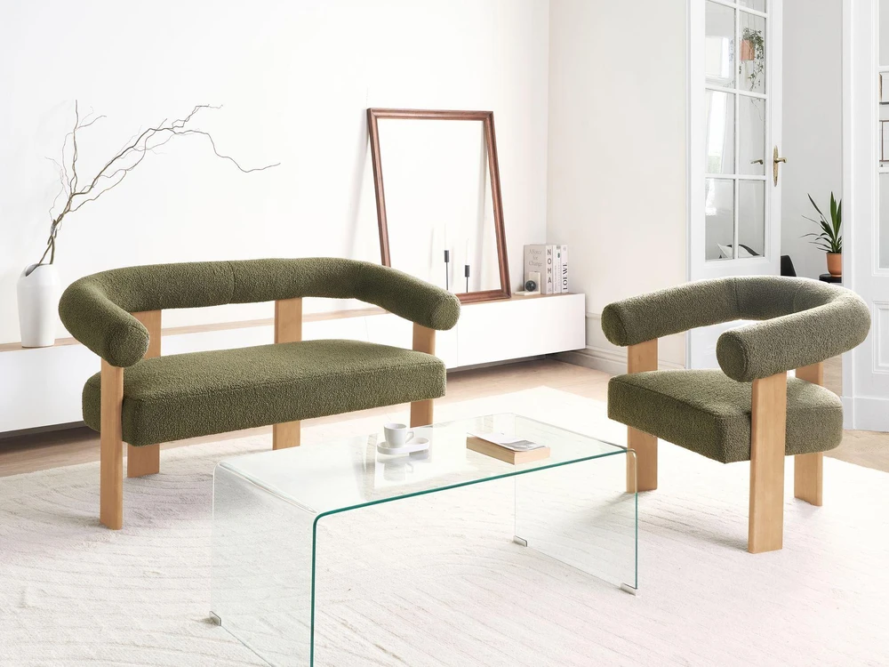 Sofa Beliani Svetainės baldų komplektas ILBRO Boucle žalias/šviesiai rudas