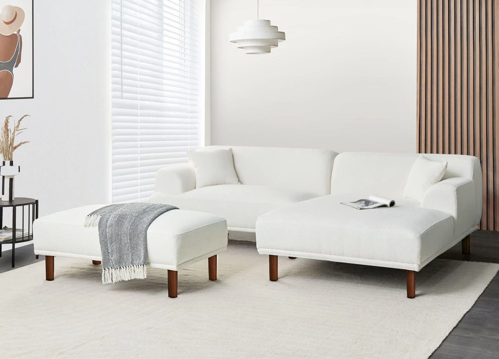 Sofa Beliani Trivietis kampas HOLT, bouclé audinys, baltas, su otimane, kairinis