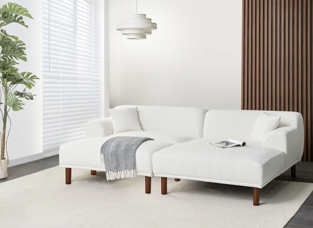 Sofa Beliani Trivietis kampas HOLT, bouclé audinys, baltas, su otimane, kairinis