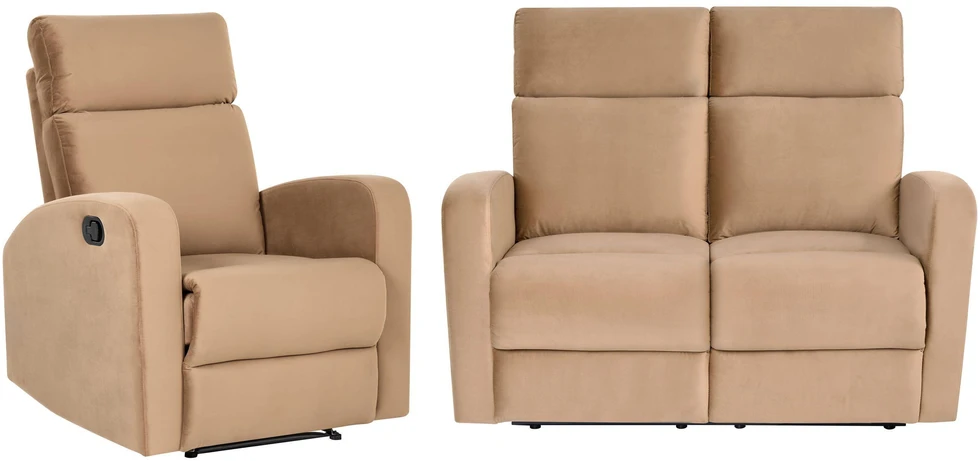 Sofa Beliani VERDAL 3 vietų sofų komplektas su rankine atsipalaidavimo funkcija, veliūras, šviesiai rudas