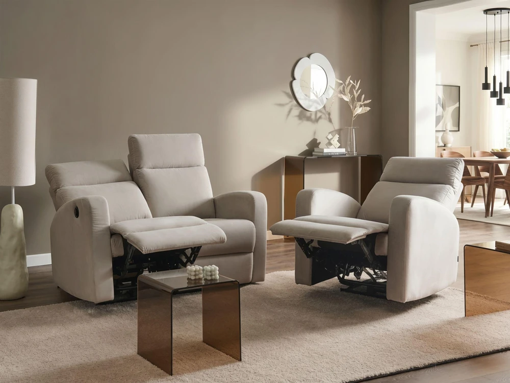 Sofa Beliani VERDAL poilsio baldų komplektas su elektrine relaksacijos funkcija 3 asmenims, veliūrinis, smėlio spalvos