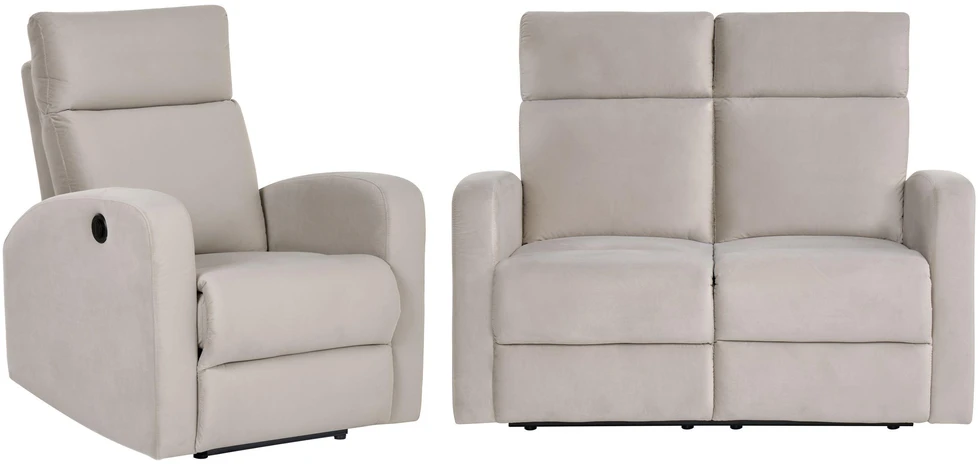 Sofa Beliani VERDAL poilsio baldų komplektas su elektrine relaksacijos funkcija 3 asmenims, veliūrinis, smėlio spalvos