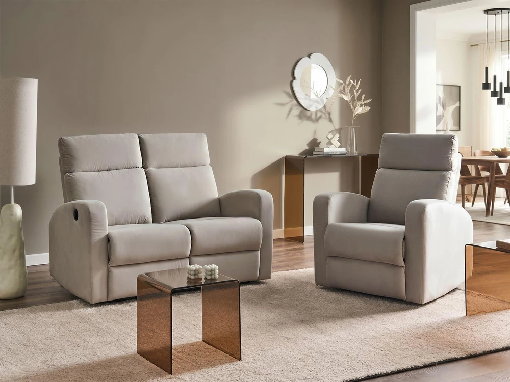 Sofa Beliani VERDAL poilsio baldų komplektas su elektrine relaksacijos funkcija 3 asmenims, veliūrinis, smėlio spalvos