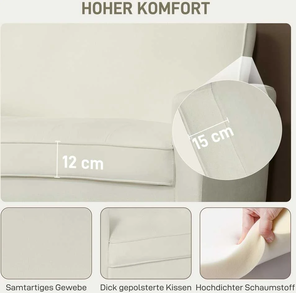 HOMCOM 2-vietė sofa, dvivietė sofa su kaučiukmedžio kojelėmis, minkšta sofa svetainei, miegamajam, kreminės baltos spalvos
