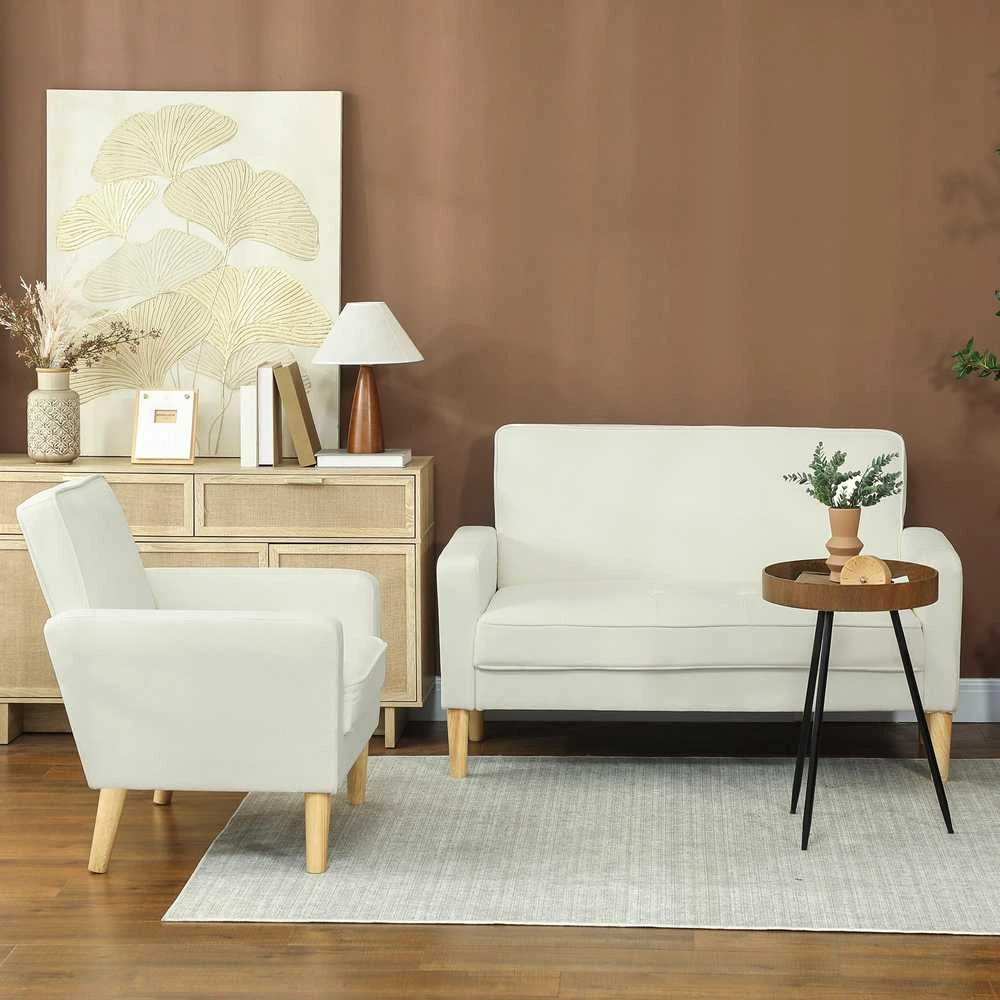 HOMCOM 2-vietė sofa, dvivietė sofa su kaučiukmedžio kojelėmis, minkšta sofa svetainei, miegamajam, kreminės baltos spalvos