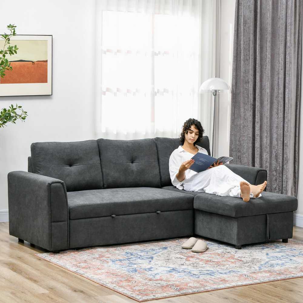 HOMCOM 3 vietų sofa su lovos funkcija, kampinė sofa su šezlongu, minkšta sofa, tamsiai pilka