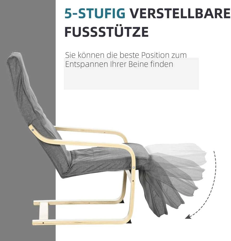Sofa HOMCOM poilsio krėslas supamasis krėslas, poilsio kėdė, reguliuojama kėdė su kojų atrama, valgomojo kėdė su lino išvaizda svetainei, beržo mediena, pilka 66,5 x 94 x 100 cm