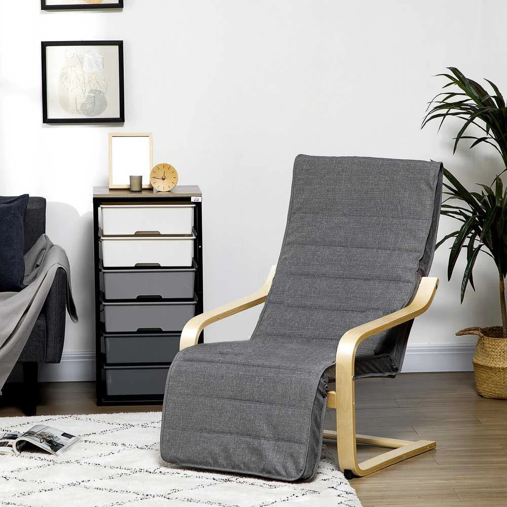 Sofa HOMCOM poilsio krėslas supamasis krėslas, poilsio kėdė, reguliuojama kėdė su kojų atrama, valgomojo kėdė su lino išvaizda svetainei, beržo mediena, pilka 66,5 x 94 x 100 cm