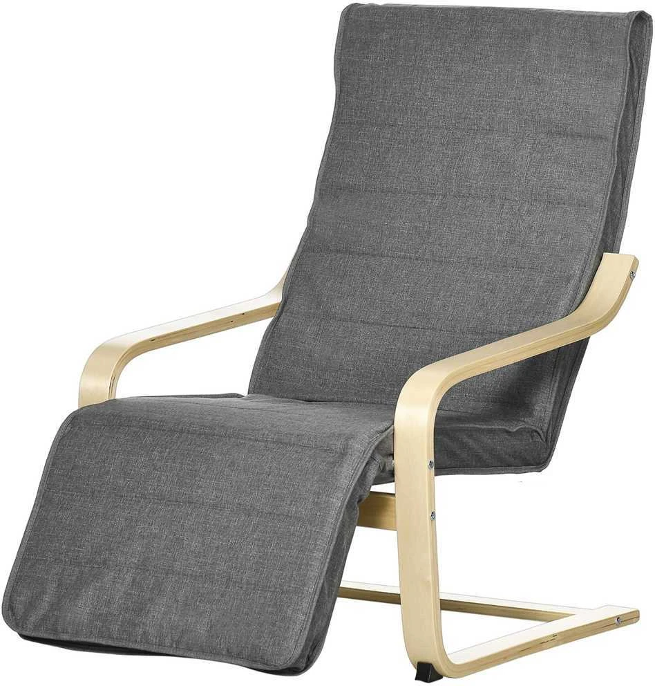 Sofa HOMCOM poilsio krėslas supamasis krėslas, poilsio kėdė, reguliuojama kėdė su kojų atrama, valgomojo kėdė su lino išvaizda svetainei, beržo mediena, pilka 66,5 x 94 x 100 cm