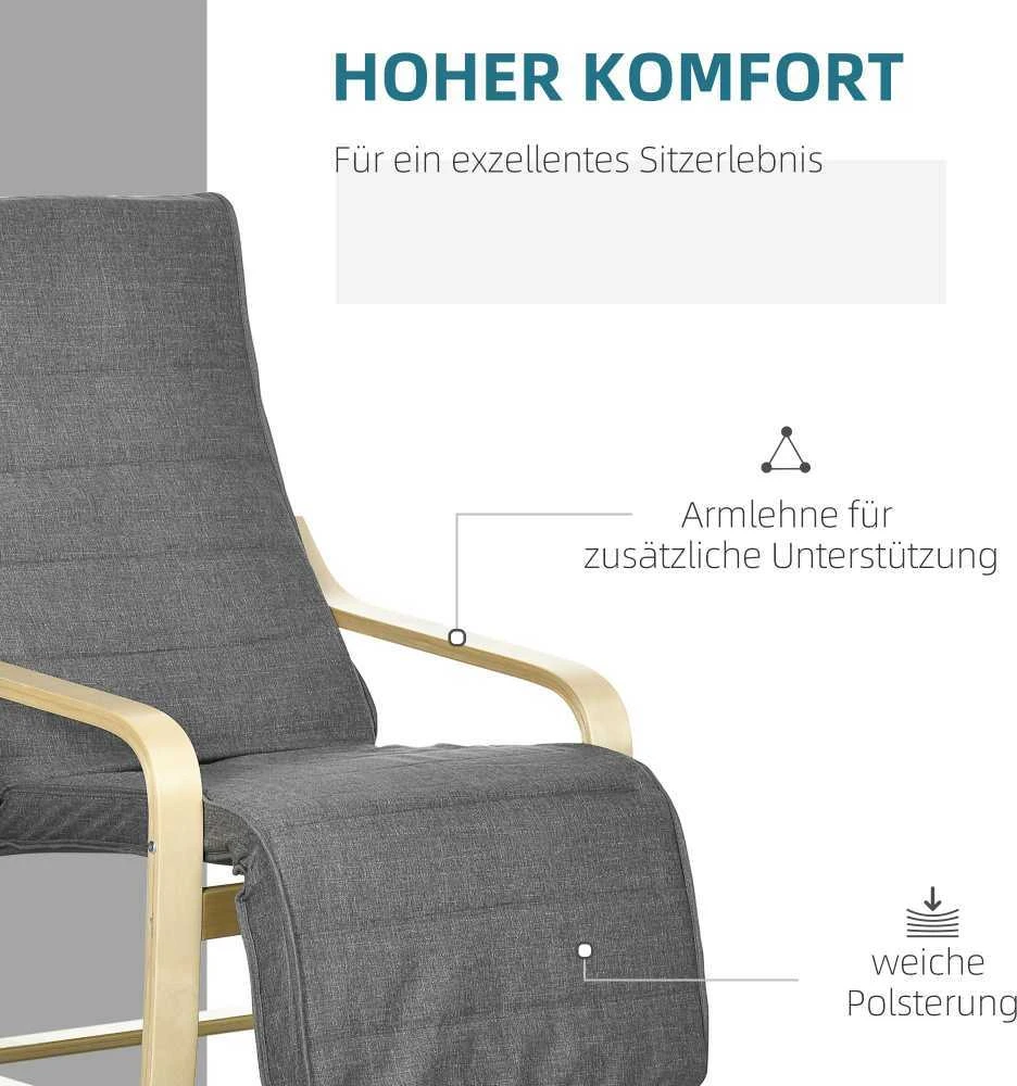 Sofa HOMCOM poilsio krėslas supamasis krėslas, poilsio kėdė, reguliuojama kėdė su kojų atrama, valgomojo kėdė su lino išvaizda svetainei, beržo mediena, pilka 66,5 x 94 x 100 cm