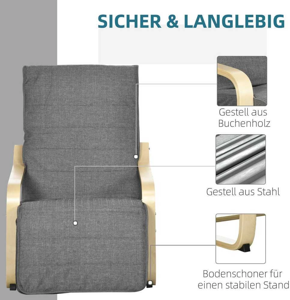 Sofa HOMCOM poilsio krėslas supamasis krėslas, poilsio kėdė, reguliuojama kėdė su kojų atrama, valgomojo kėdė su lino išvaizda svetainei, beržo mediena, pilka 66,5 x 94 x 100 cm